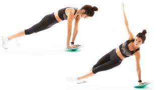 A woman demonstrates how to do a kick sit balance board exercise