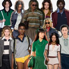 a collage of the polo fashion trend with polo outfit ideas shown on the spring and fall 2024 runways and on the street style set