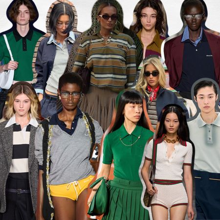 a collage of the polo fashion trend with polo outfit ideas shown on the spring and fall 2024 runways and on the street style set