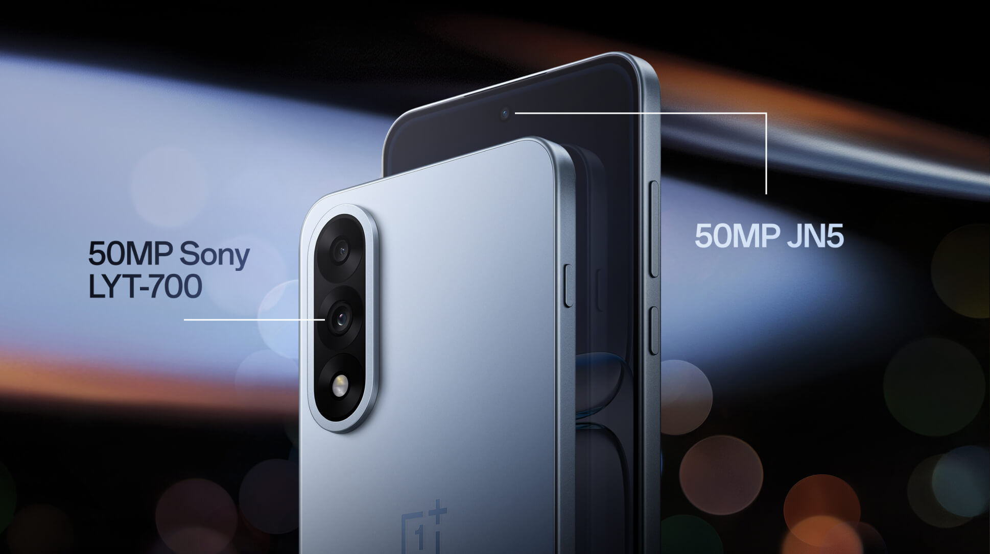 OnePlus Nord 5 phone with annotations pointing to its cameras