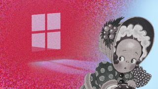 A fragmented red windows 11 background with a scared girl shying away in the corner