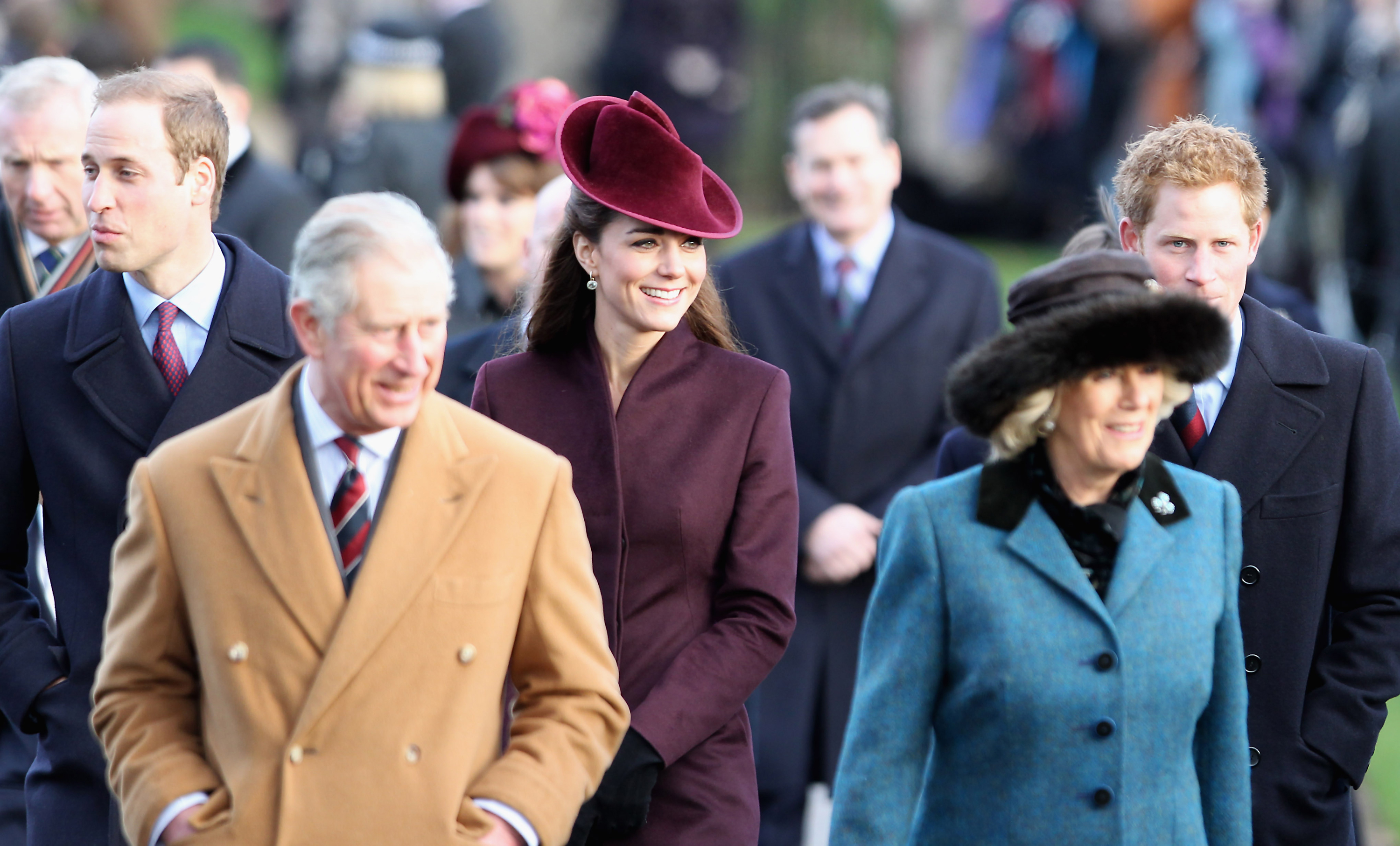 KING&#039;S LYNN, ENGLAND - DECEMBER 25: (L-R) Prince William, Duke of Cambridge, Prince Charles, Prince of Wales, Catherine, Duchess of Cambridge, Camilla, Duchess of Conrwall and Prince Harry walk to Sandringham Church for the traditional Christmas Day service at Sandringham on December 25, 2011 in King&#039;s Lynn, England. The Queen and the Duke of Edinburgh traditionally lead the royals in attending a church service at Sandringham Church on Christmas Day. It is the Duchess of Cambridge&#039;s first Christmas at Sandringham after her marriage to Prince William, Duke of Cambridge in April of this year. This year the Duke of Edinburgh mised the service as he is in Papworth Hospital after having cardiac surgery to fit a stent in his coronary artery. (Photo by Chris Jackson/Getty Images)