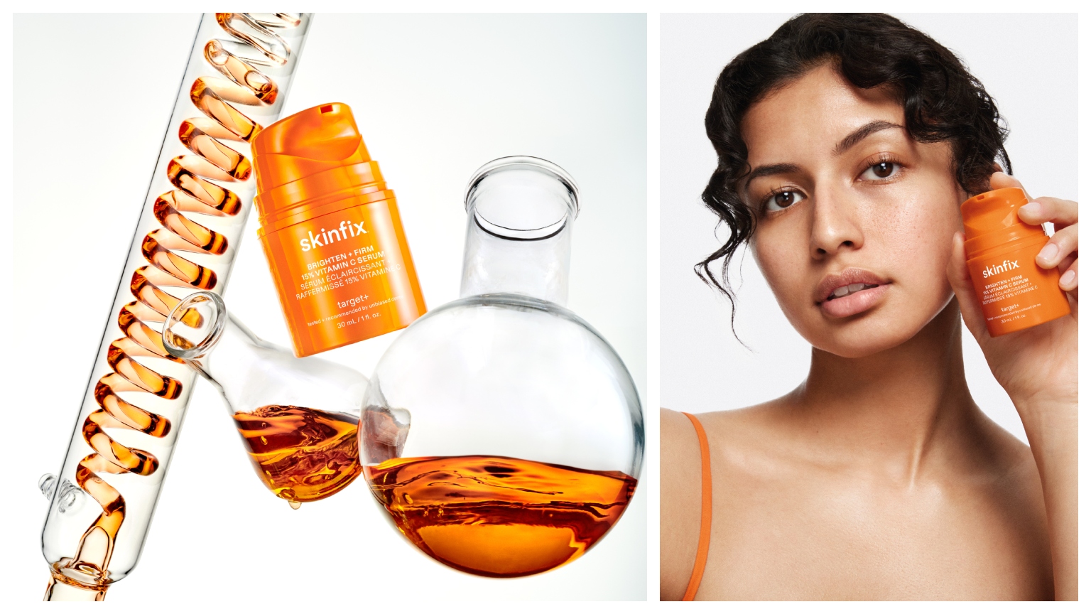 Skinfix orange bottle held by a woman with dark curly hair next to a glass beaker of orange liquid