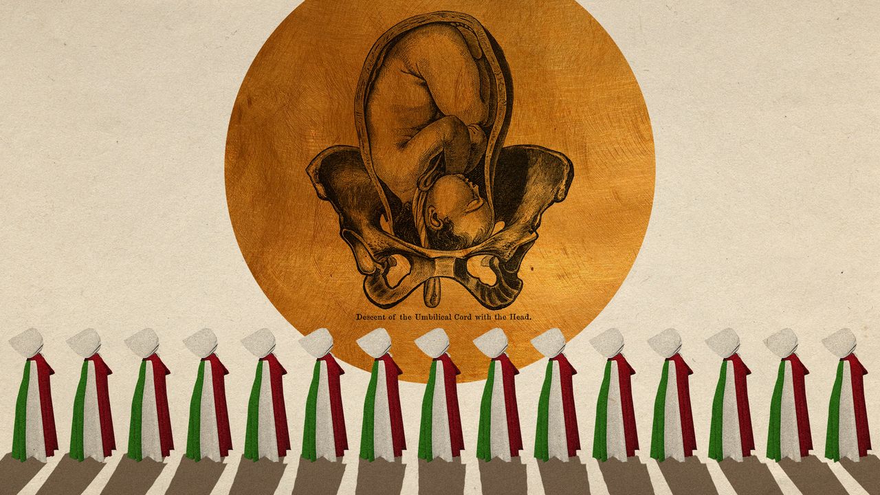 Photo collage of a large engraving of a pelvis with a baby descending from the uterus, with a golden circle for background. In the bottom foreground, there is a row of figures wearing cloaks and bonnets in the style of The Handmaid&#039;s Tale. Their cloaks are green, white, and red.