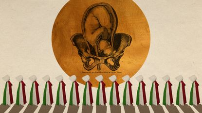 Photo collage of a large engraving of a pelvis with a baby descending from the uterus, with a golden circle for background. In the bottom foreground, there is a row of figures wearing cloaks and bonnets in the style of The Handmaid's Tale. Their cloaks are green, white, and red.