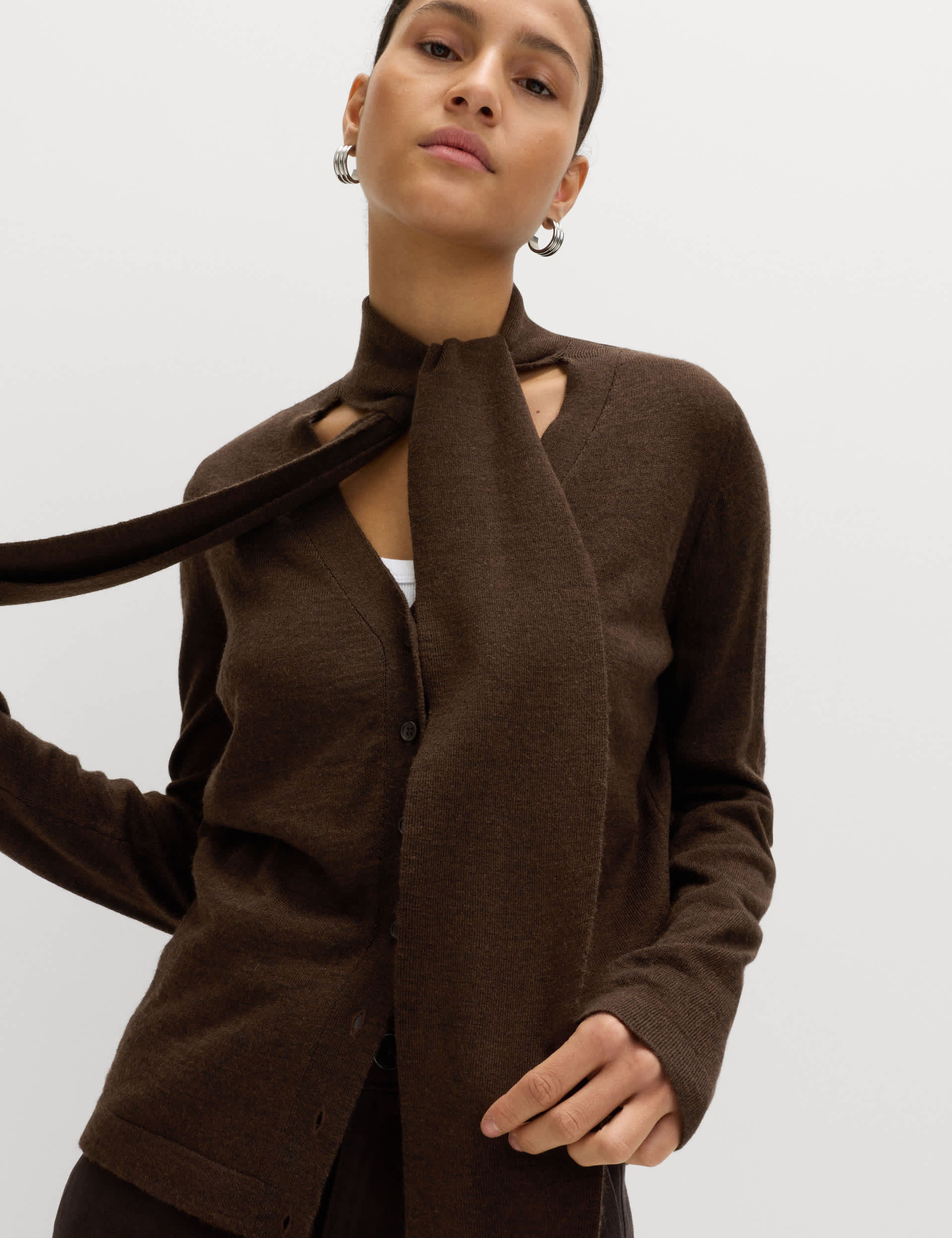 Textured Scarf Neck Button Through Cardigan With Wool