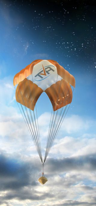 An illustration of a Terminal Velocity Aerospace RED-4U capsule returning to Earth by parachute.