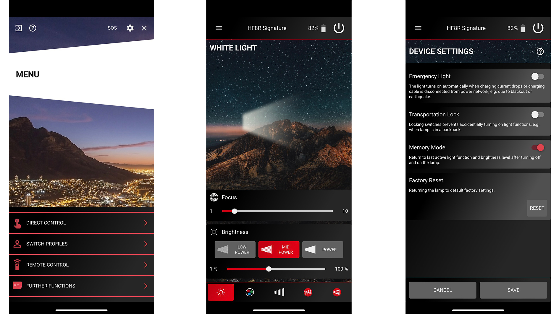 LedLenser HF8R Signature - screenshots from the Ledlenser Connect app