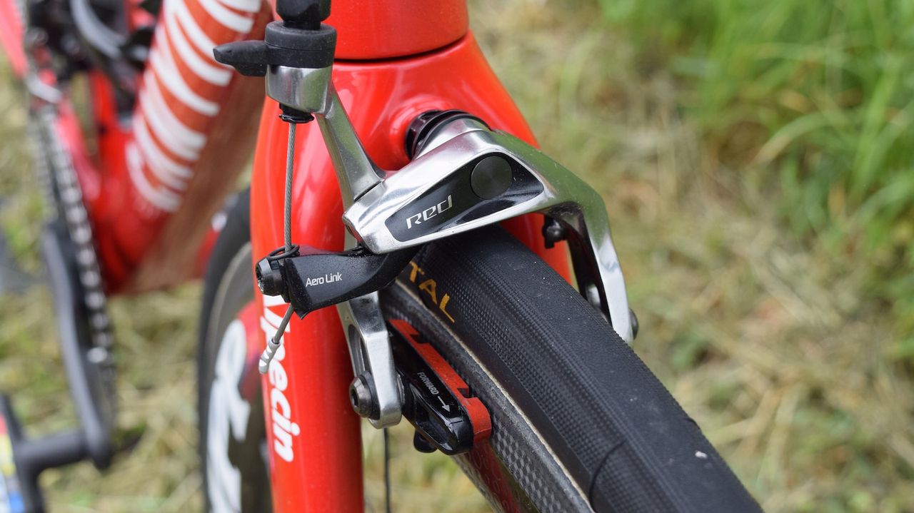 The SRAM Red brakes feature a barrel adjustment for ease of adjustment on the fly