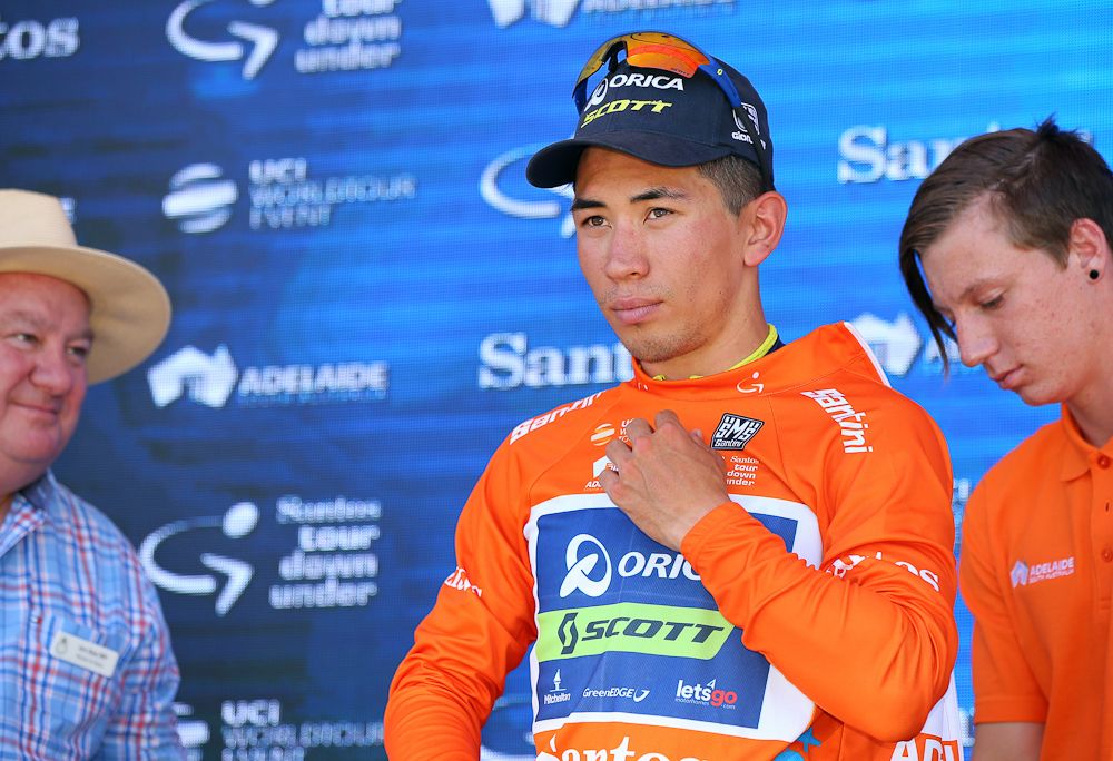Caleb Ewan in the ochre jersey
