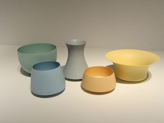 A selection of pastel glazed ceramic pieces by Geert Lap at Pierre Marie Giraud