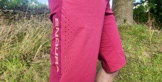 Close up of outside shorts leg showing Endura logo and perforations