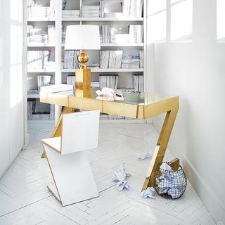 white office room with golden table