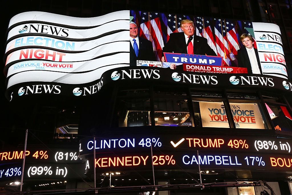 Donald Trump&#039;s acceptance speech is broadcast at Times Square Studios in Times Square on Nov. 9, 2016 in New York City. 