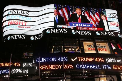 Donald Trump's acceptance speech is broadcast at Times Square Studios in Times Square on Nov. 9, 2016 in New York City. 