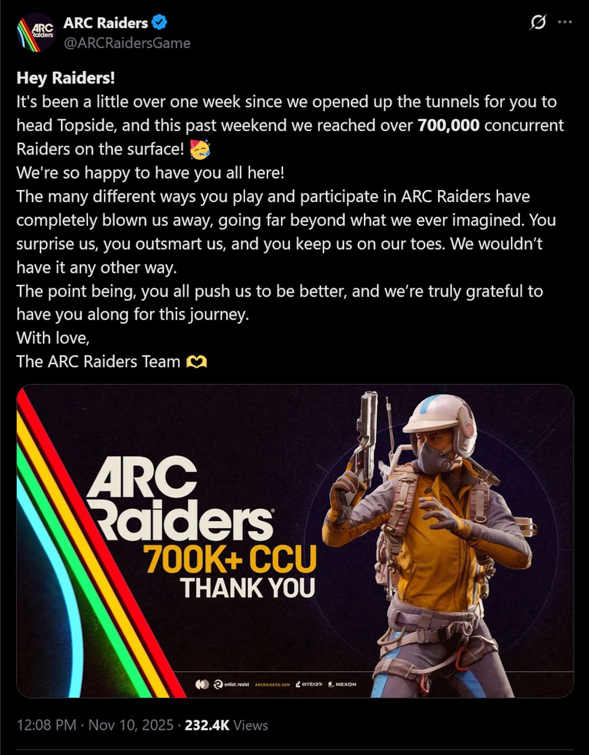Arc Raiders surpassed 700,000 concurrent players across all platforms ...