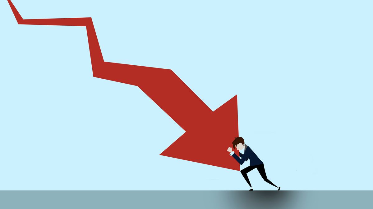 Graphic of somebody holding back a giant red downward-pointed arrow