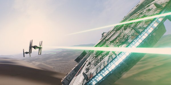 The Falcon battling Tie Fighters in The Force Awakens