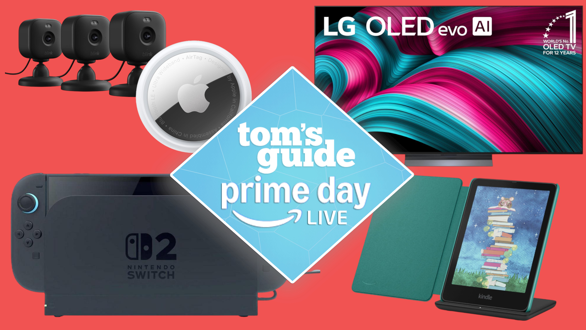 Compilation showing Blink security cameras, Apple AirTag, Nintendo Switch 2, LG OLED TV, Kindle Colorsoft e-reader