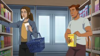 Rae shopping as Rex stands near her eating cereal in Invincible season 3