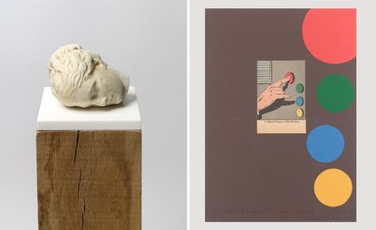 Peter Blake sculptures: head on plinth, and artwork of finger pressing coloured button