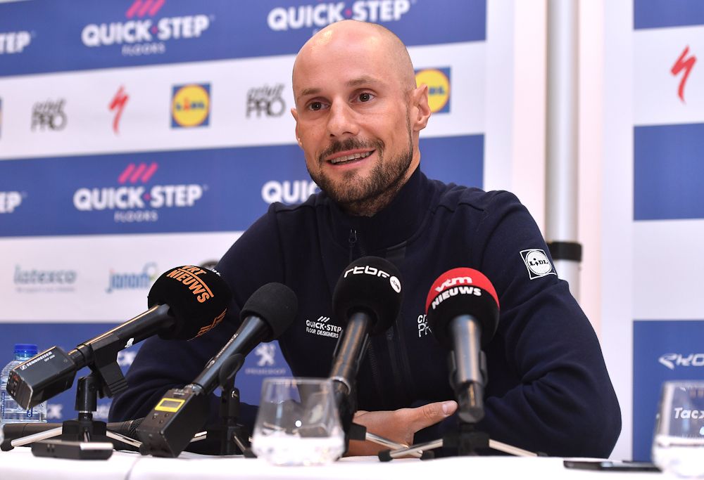 Tom Boonen takes questions at the Quick-Step press conference ahead of Omloop Het Nieuwsblad