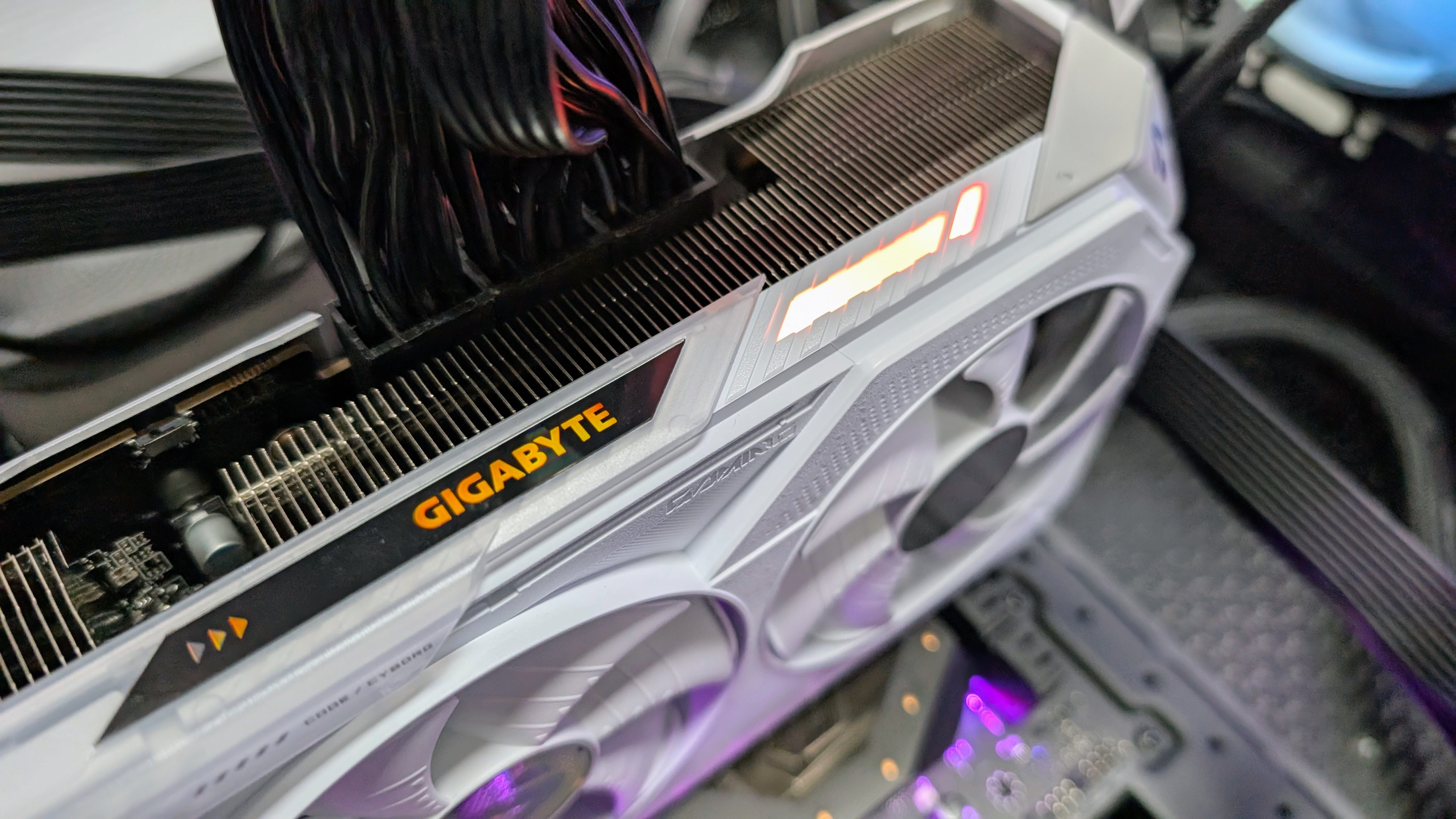 Gigabyte Radeon RX 9070 XT Gaming OC Ice 16GB close up of LED panel open