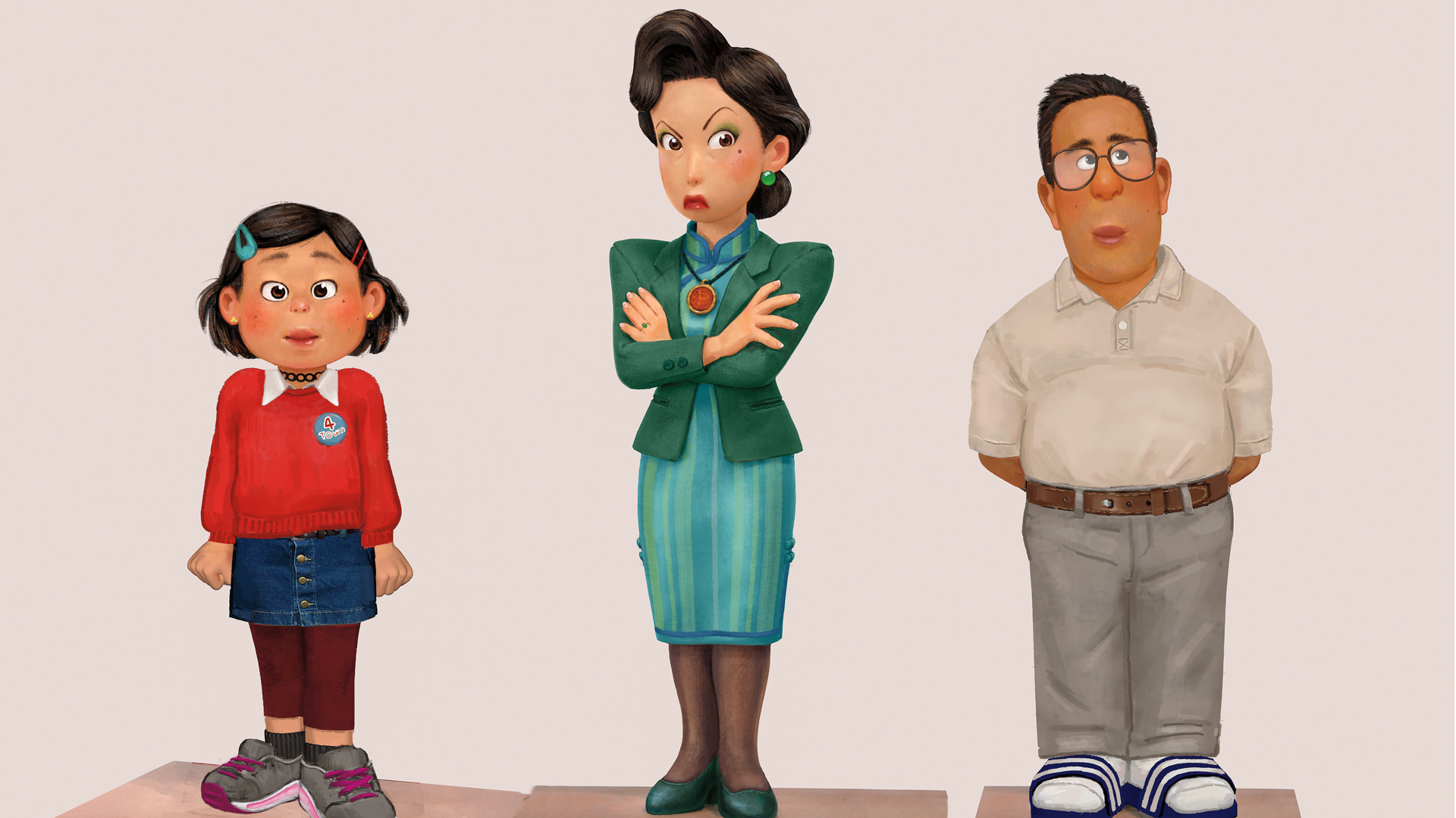 Concept art of Mei, Ming, and Jin in Pixar's Turning Red