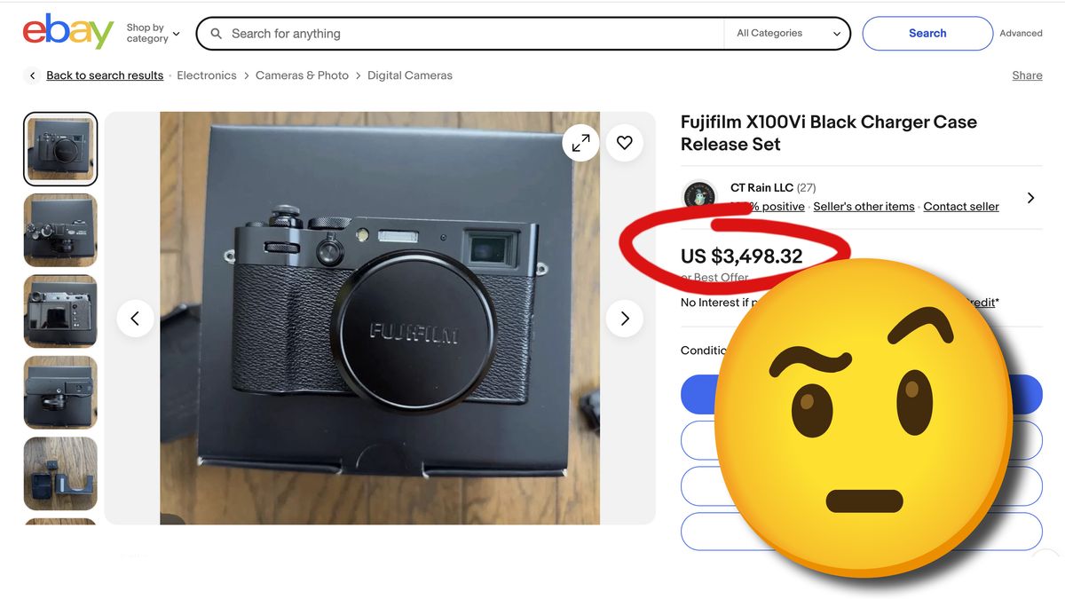 Screenshot of a Fujifilm X100VI listing on eBay, selling for over double the RRP