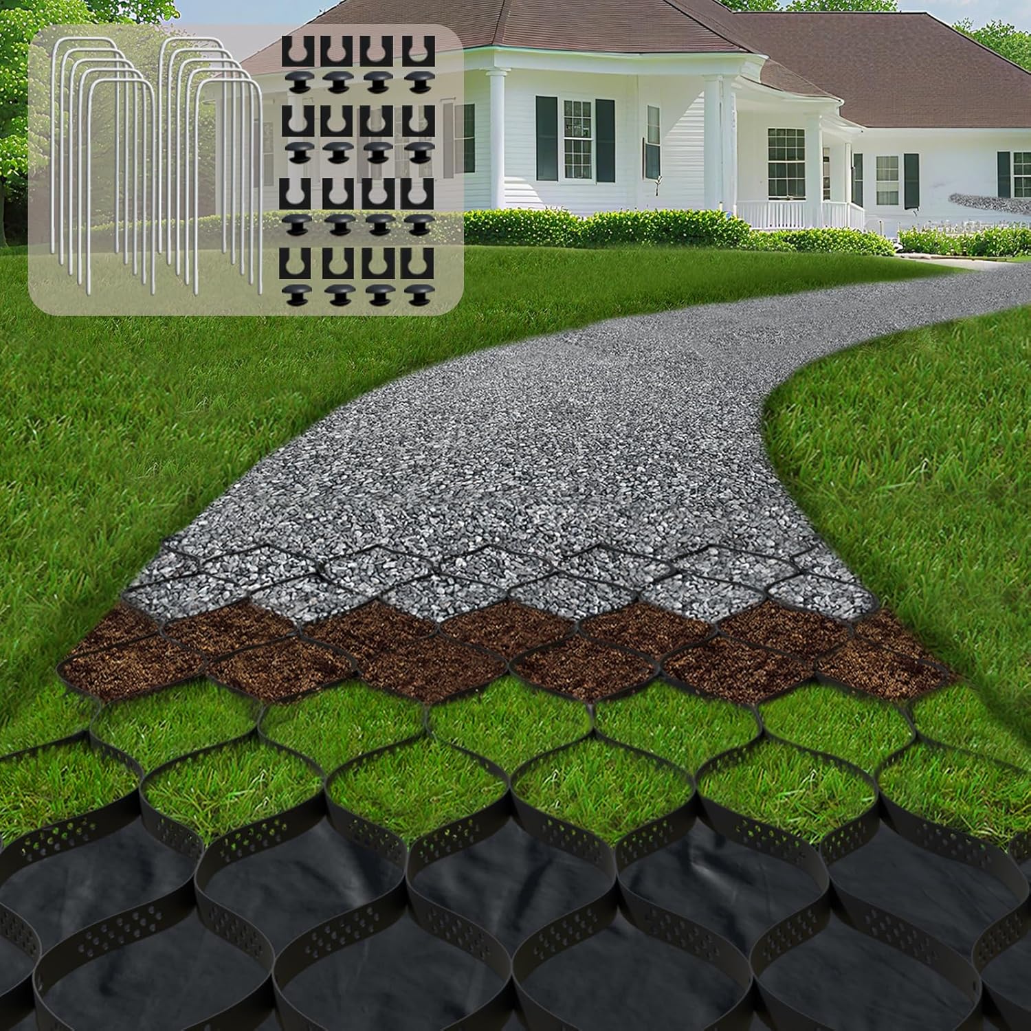 2&quot; Thick Gravel Ground Grid 6.5ft X 16.5ft - Geo Grid Driveway Stabilization Grids, Gravel Retainer Grid 1885 Lbs Per Sq Ft, Geocell Geogrid for Walkway Driving Rv Parking Slopes and Garden