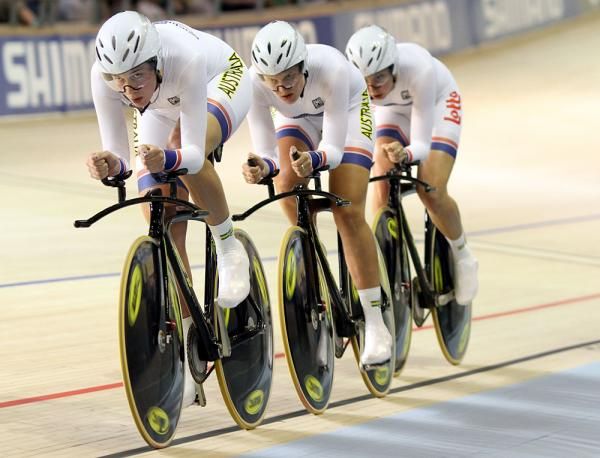 The Australian team on their way to record the fastest time in the women's 3,000m team pursuit and make the gold medal final