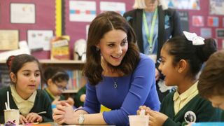LONDON, ENGLAND - JANUARY 23: Catherine, Duchess of Cambridge meets children, teachers and other stakeholders as she launches a mental health programme for schools, the latest initiative from the Heads Together campaign, during her visit to Roe Green Junior School on January 23, 2018 in London, England. (Photo by Jonathan Brady - WPA Pool/Getty Images)