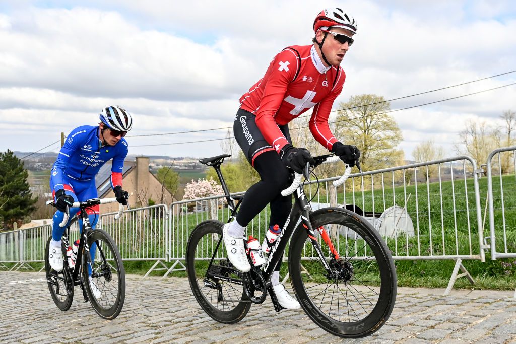 Swiss Stefan Kung of GroupamaFDJ pictured in action during a training session on the track of the Ronde van Vlaanderen cycling race Friday 02 April 2021 The 105th edition of the cycling race will take place on Easter Sunday 04 April BELGA PHOTO DIRK WAEM Photo by DIRK WAEMBELGA MAGAFP via Getty Images