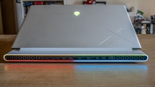 Alienwaer x16 R2 review unit on desk, ports facing camera