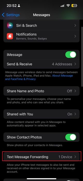 Text MEssage forwarding on iPhone