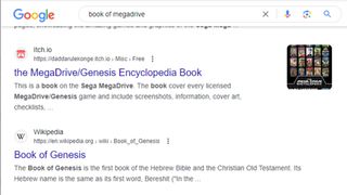 Google search result for book of megadrive with Genesis results showing up incorrectly