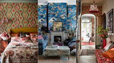 Three rooms: bedroom, living room and entryway with maximalist decor