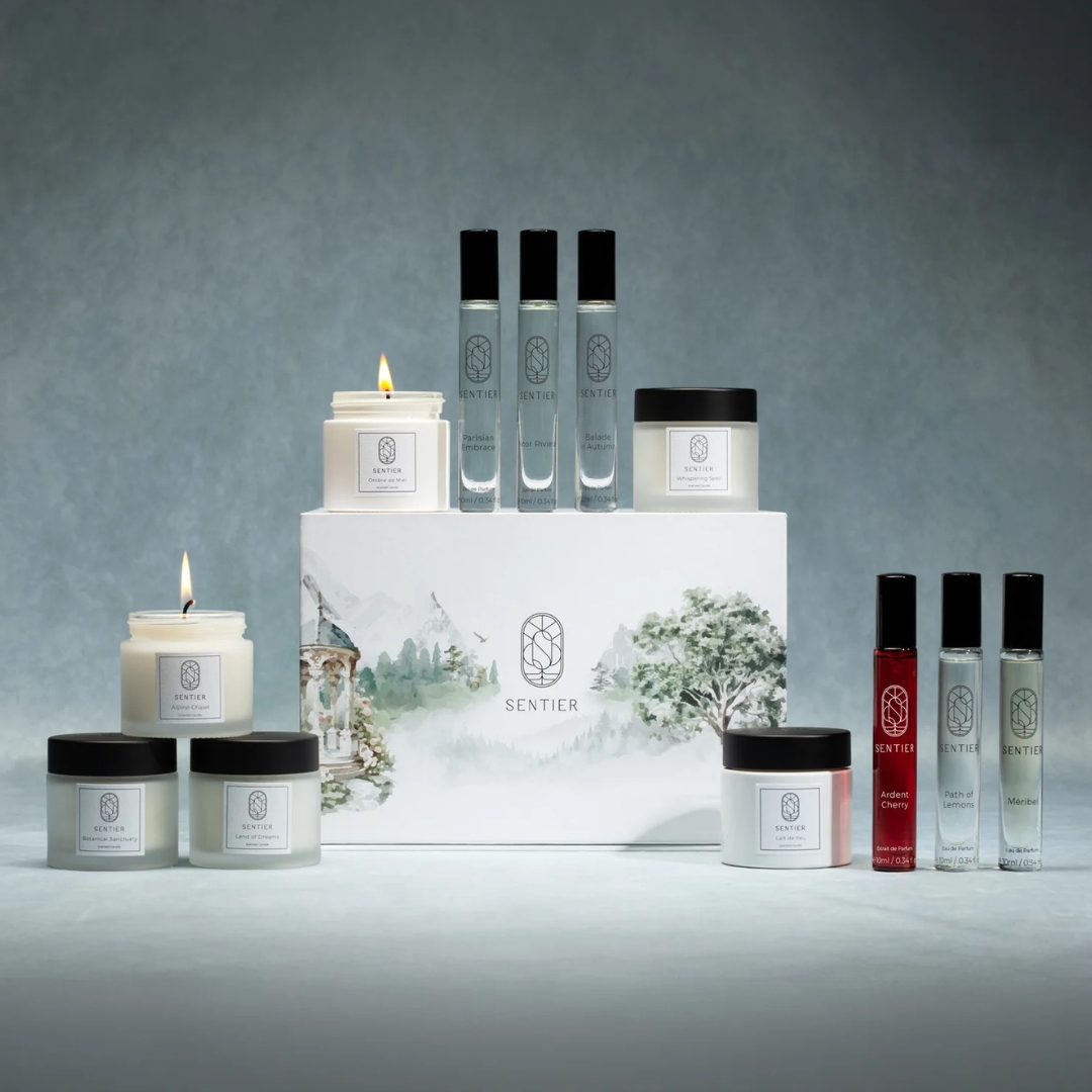 Sentier Fragrance Advent Calendar 2026 with its contents in front of it