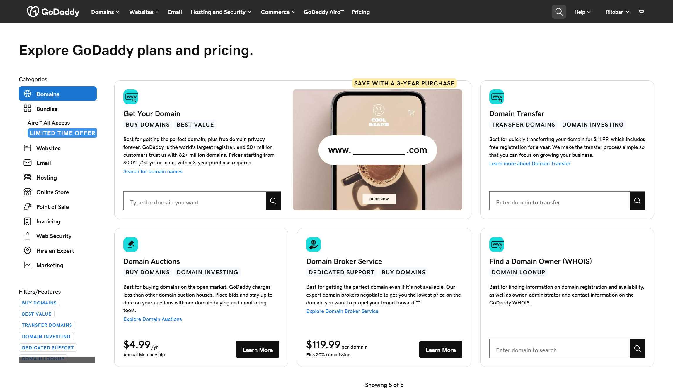 GoDaddy pricing