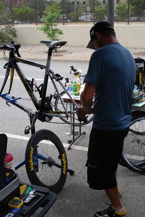 A bit of a derailleur hanger adjustment for one of the HTC-Columbia bikes.