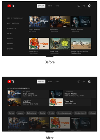 YouTube TV's library page before and after the redesign, as shown by YouTube.