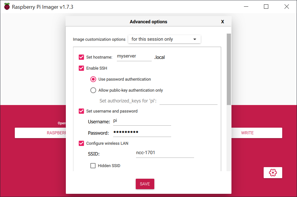 Settings in Raspberry Pi Imager