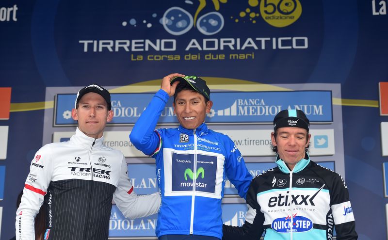 The final podium of Bauke Mollema in second Nairo Quintana (Movistar) and Rigoberto Uran in third