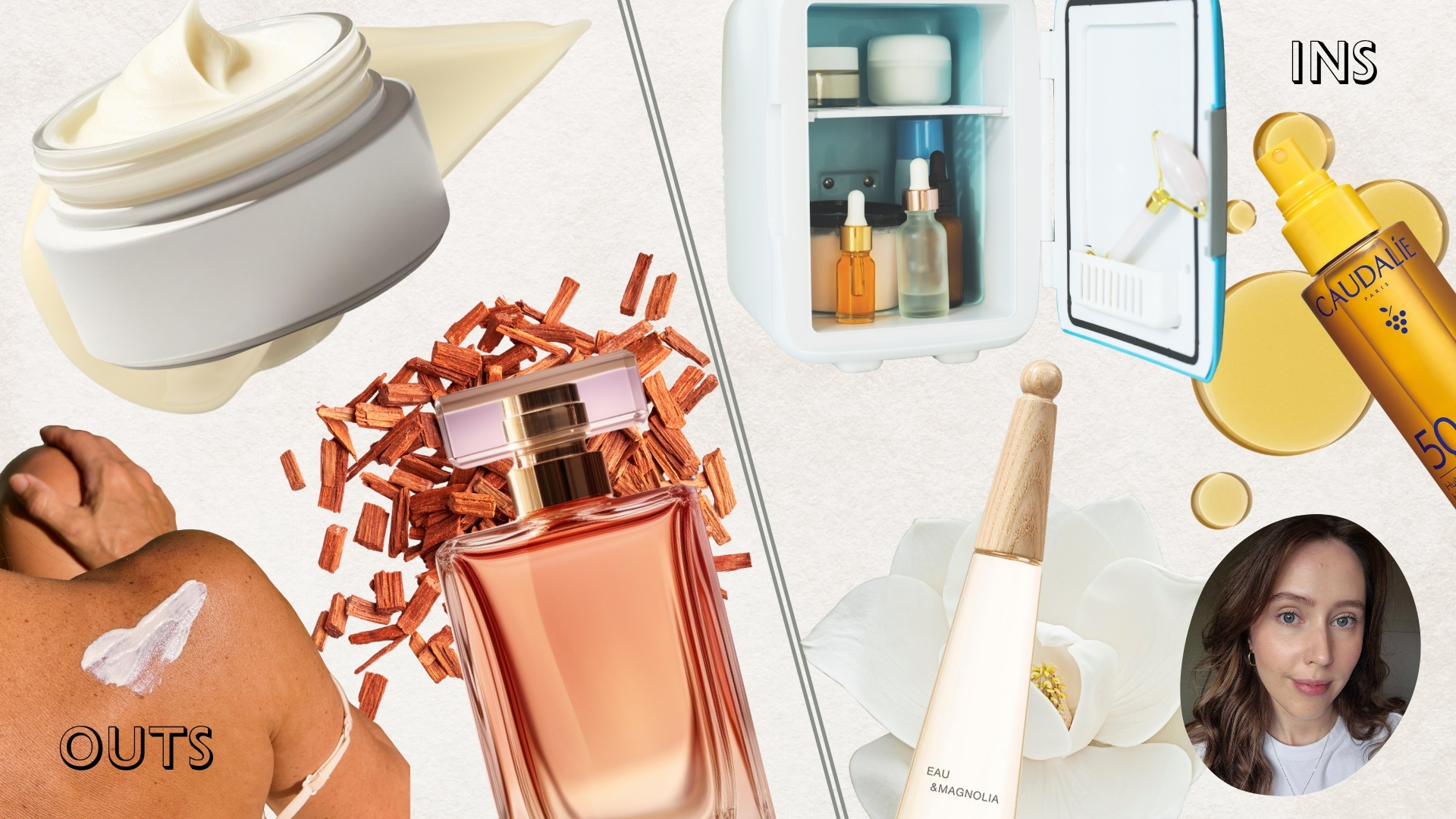 Naomi's beauty outs for the heatwave (L-R) include woody perfumes, heavy sunscreens and uncomfy skincare, ins (R) include a sunscreen oil, soft floral fragrances and cooling skincare.