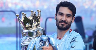 Arsenal target Ilkay Gundogan of Manchester City lifts the Premier League trophy after the Premier League match between Manchester City and Chelsea FC at Etihad Stadium on May 21, 2023 in Manchester, England.