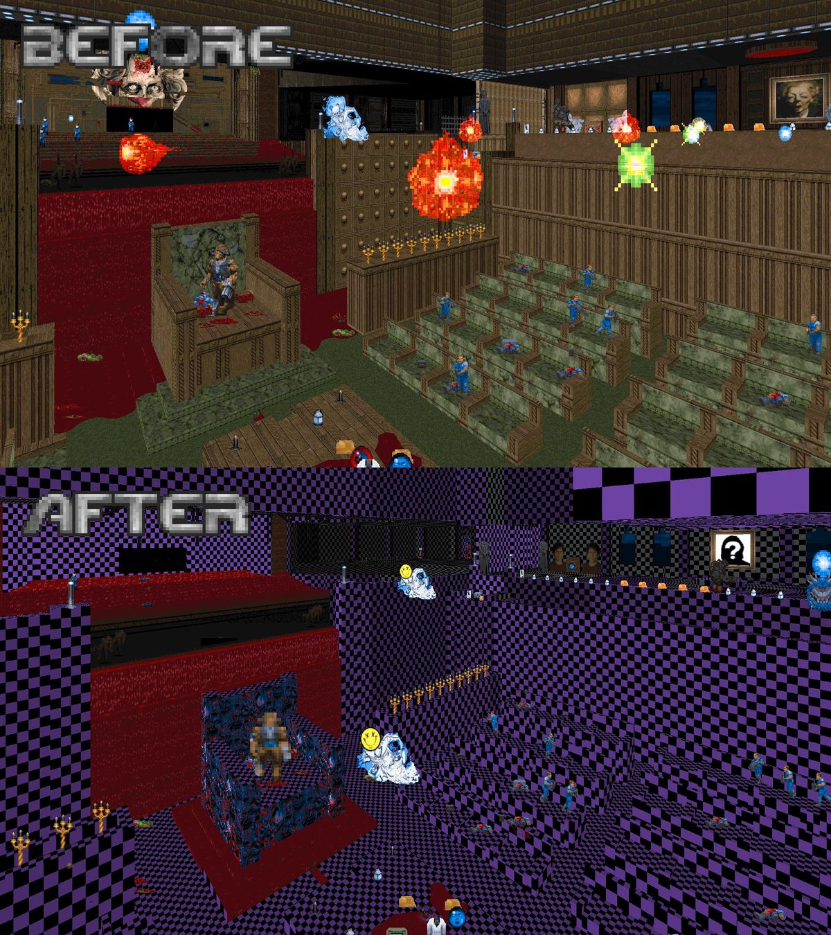 Several screenshots of a Doom Mod, in which Thatcher's political presence has been scrubbed clean.