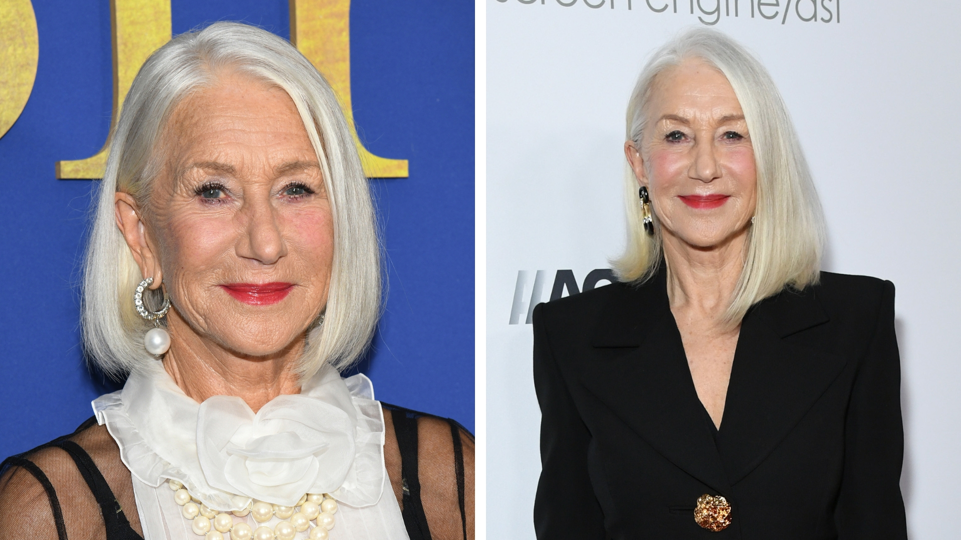 On the left, Helen Mirren is pictured with a side-swept bob at White Bird New York Special Screening at DGA Theater on September 26, 2024 in New York, New York. And on the right, Helen Mirren is once again pictured with a side-parted, sleek bob and wearing a black blazer at the 37th Annual American Cinematheque Awards Honoring Helen Mirren, Kevin Goetz And Screen Engine at The Beverly Hilton on February 15, 2024 in Beverly Hills, California.