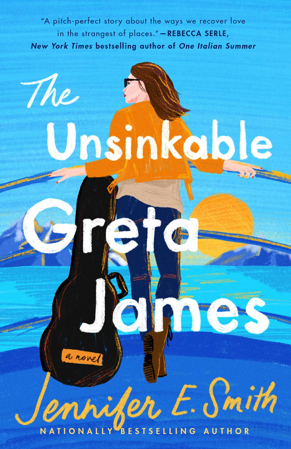 the cover of the book the unsinkable greta james featuring a woman standing at the front of a boat with a guitar case