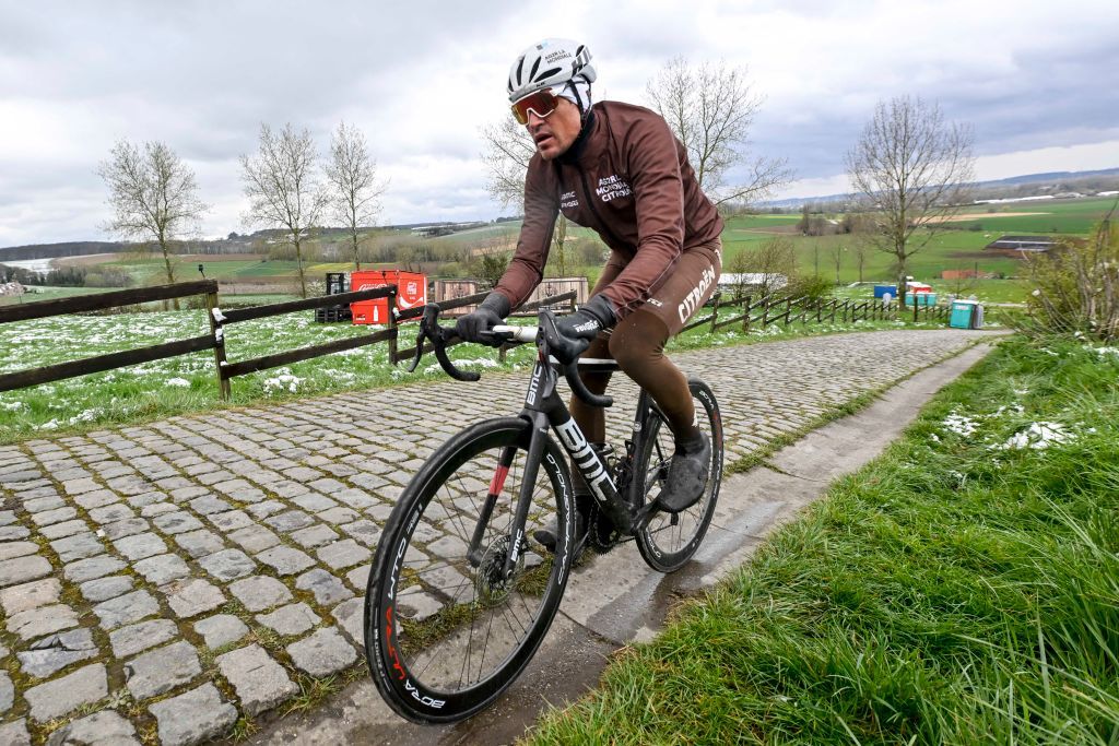 Belgian Greg Van Avermaet of AG2R Citroen pictured in action during a training session on the track of the Ronde van Vlaanderen cycling race Friday 01 April 2022 The 106th edition of the cycling race will take place on Easter Sunday 03 April BELGA PHOTO DIRK WAEM Photo by DIRK WAEM BELGA MAG Belga via AFP Photo by DIRK WAEMBELGA MAGAFP via Getty Images