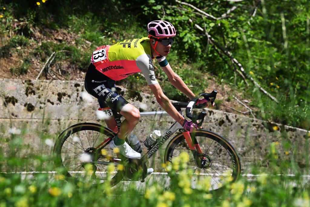VAL DI ZOLDO PALAFAVERA ITALY MAY 25 Hugh Carthy of The United Kingdom and Team EF EducationEasyPost competes during the 106th Giro dItalia 2023 Stage 18 a 161km stage from Oderzo to Val di Zoldo Palafavera 1514m UCIWT on May 25 2023 in Val di Zoldo Palafavera Italy Photo by Tim de WaeleGetty Images
